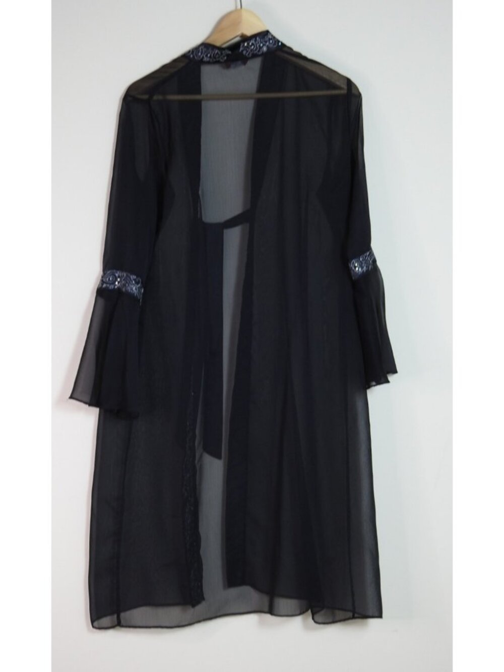 Vintage Robe Black Yasmin Sheer Kimono Duster Sz XL Trim Tie Front Boho Sexy - Picture 12 of 12